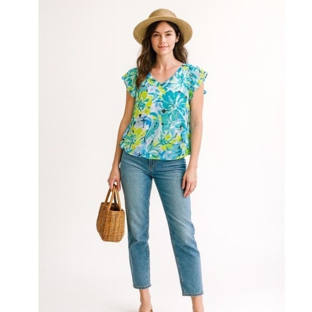 Liz Claiborne Blouse‎ Womens XL Spring Floral Cap Sleeve Sheer Overlay Cami